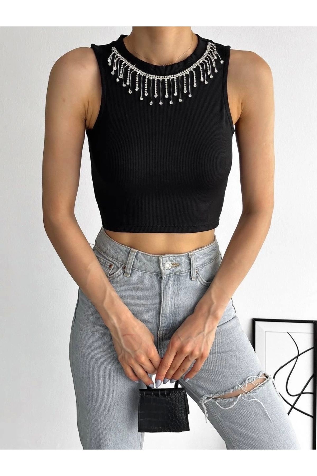 OurStyles fitilli kaşkorse yakası zincirli atlet siyah