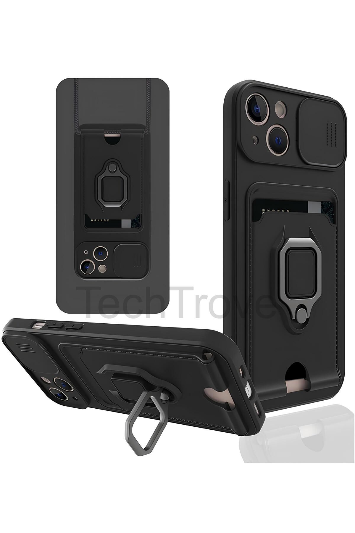 TechTrove iPhone 14 Plus Kılıf Kamera Koruma Sürgülü Kartvizitli Kartlıklı Standlı İpli Renkli Kapak