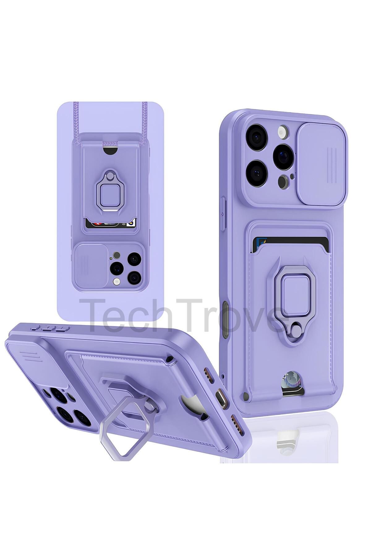 TechTrove iPhone 16 Pro Kılıf Kamera Koruma Sürgülü Kartvizitli Kartlıklı Standlı İpli Renkli Kapak