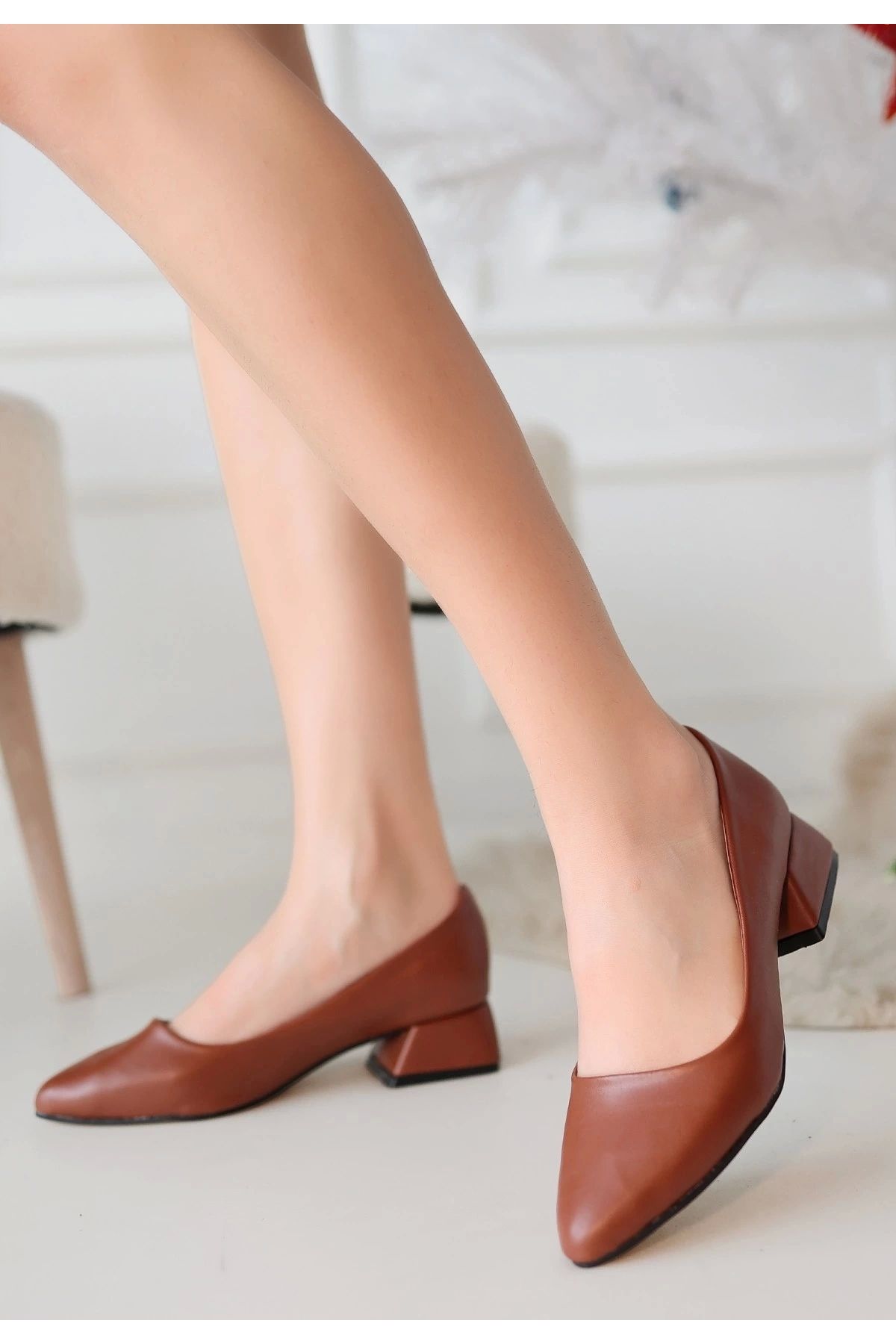 OurStyles Desniy Taba Cilt Topuklu Ayakkabı