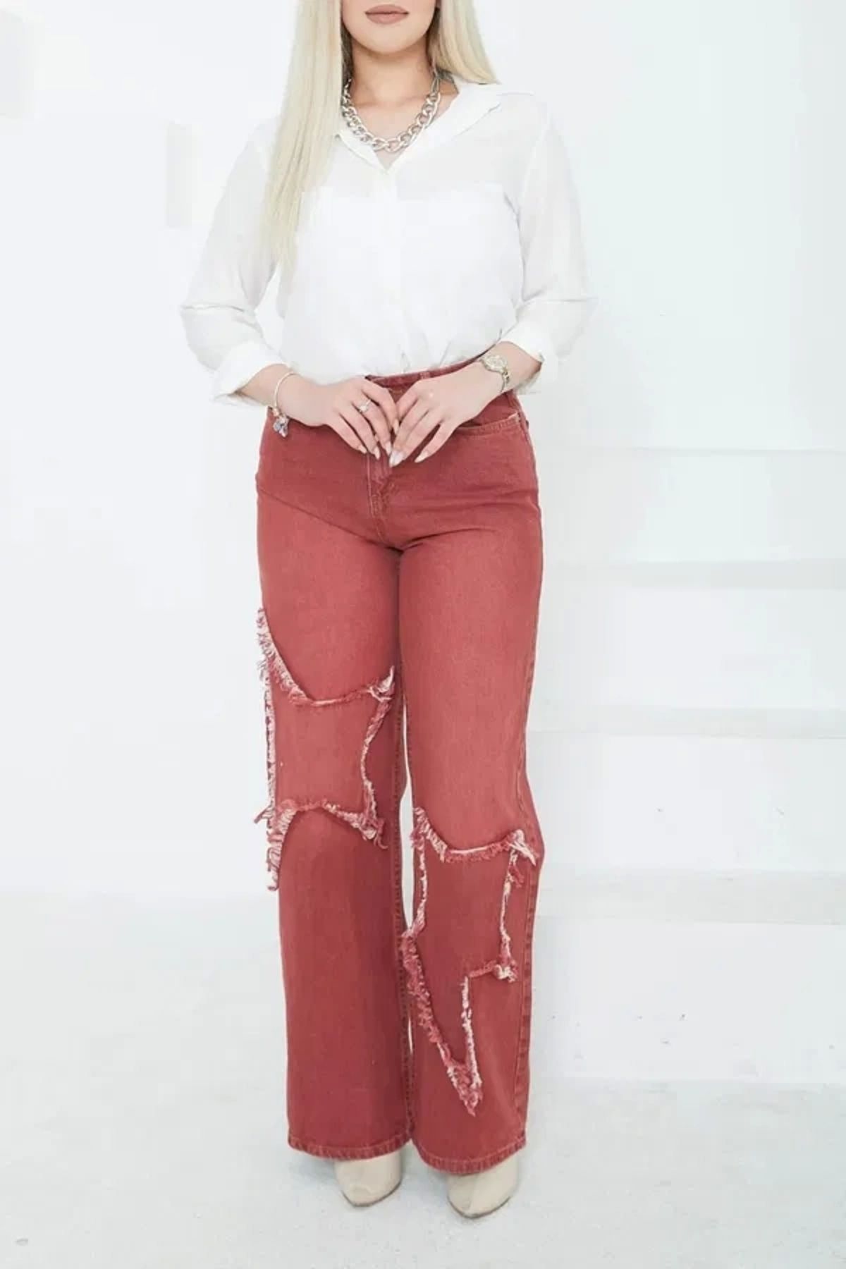OurStyles Kadın Yüksel Bel Püskül Detaylı Palazzo Jean Kot Pantolon