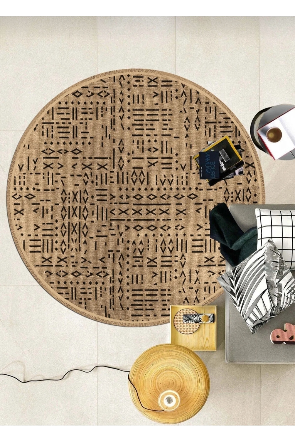 new colourse VİZON Yuvarlak İskandinav Şönil Kilim Altı Pamuk Kaymaz Dokuma Taban