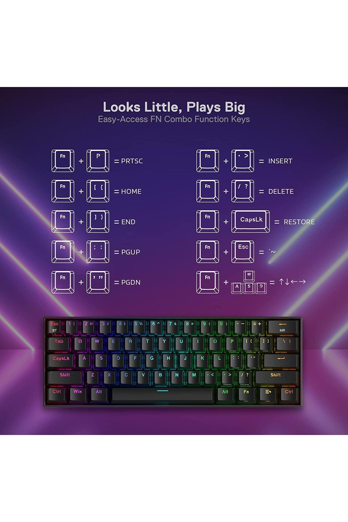 REDRAGON-Compact RGB Mechanical Gaming Keyboard, Wireless Bluetooth 2.4GHz Wired, 3 Modes, 61 Keys with Hot-S 8
