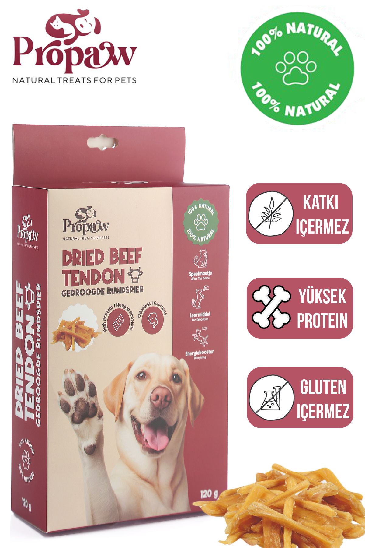 propaw Kurutulmuş Dana İnce Sinir Çiğnemelik Köpek Ödül Maması %100 Doğal Tüm Irklar İçin Protein 120 g