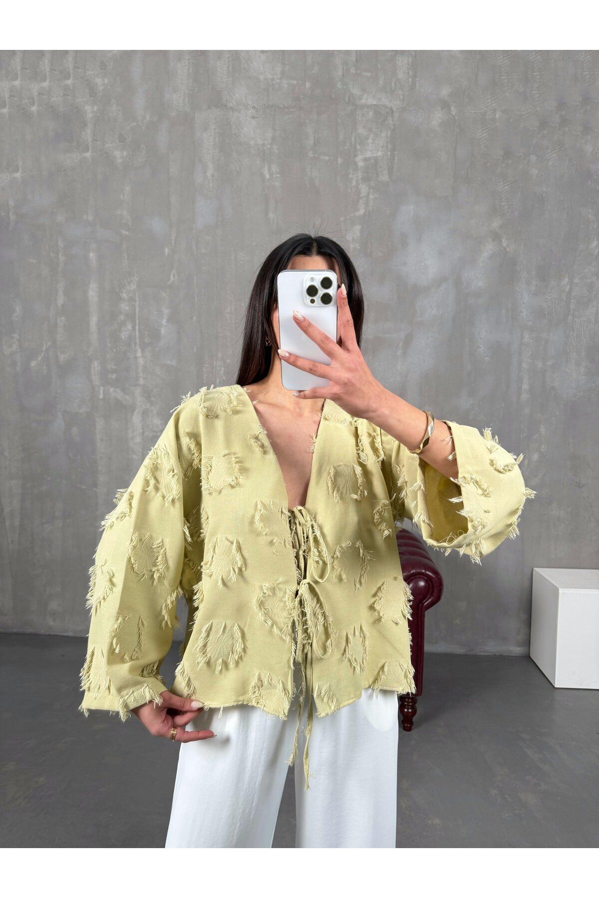 Ayinsu Püsküllü Önü Bağlamalı Keten Kimono Ceket