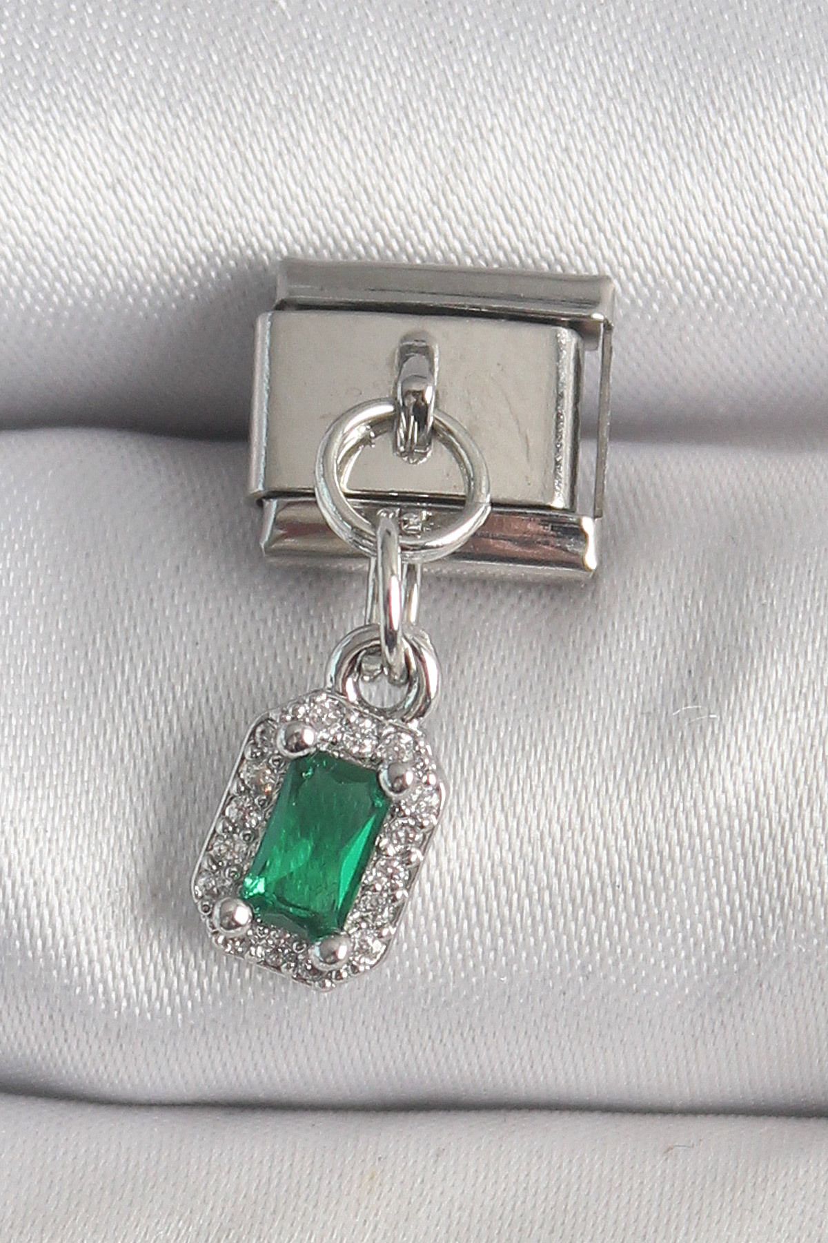NEZADE STORE 316L Çelik Gümüş Renk Sallantı Yeşik Kare Zirkon Taşlı Nomination Charm - TJ-BC1380