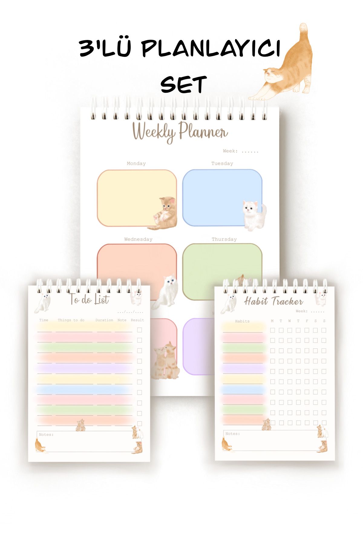 Handeto Kraft Kedi Temalı 3'lü İngilizce Planlayıcı, Haftalık Planlayıcı, Alışkanlık Takibi, To-do List, Planner