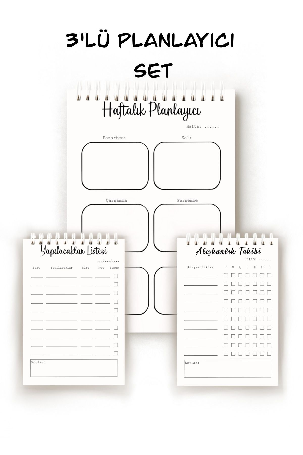 Handeto Kraft Sade 3'lü Türkçe Planlayıcı Set, Haftalık Planlayıcı, Alışkanlık Takibi, To-do List, Günlük Planner