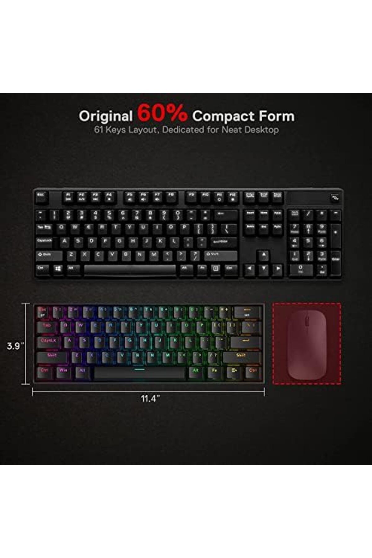 REDRAGON-Compact RGB Mechanical Gaming Keyboard, Wireless Bluetooth 2.4GHz Wired, 3 Modes, 61 Keys with Hot-S 7