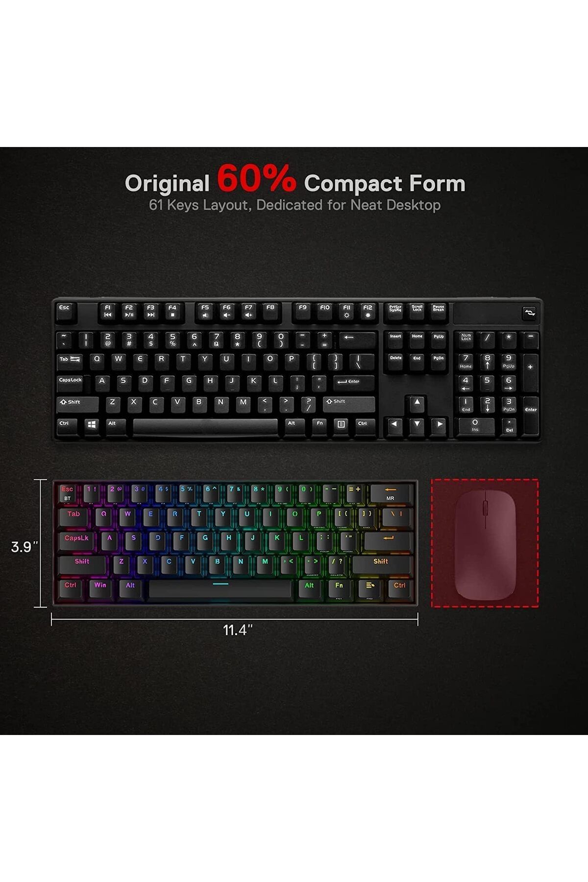REDRAGON-Compact RGB Mechanical Gaming Keyboard, Wireless Bluetooth 2.4GHz Wired, 3 Modes, 61 Keys with Hot-S 6