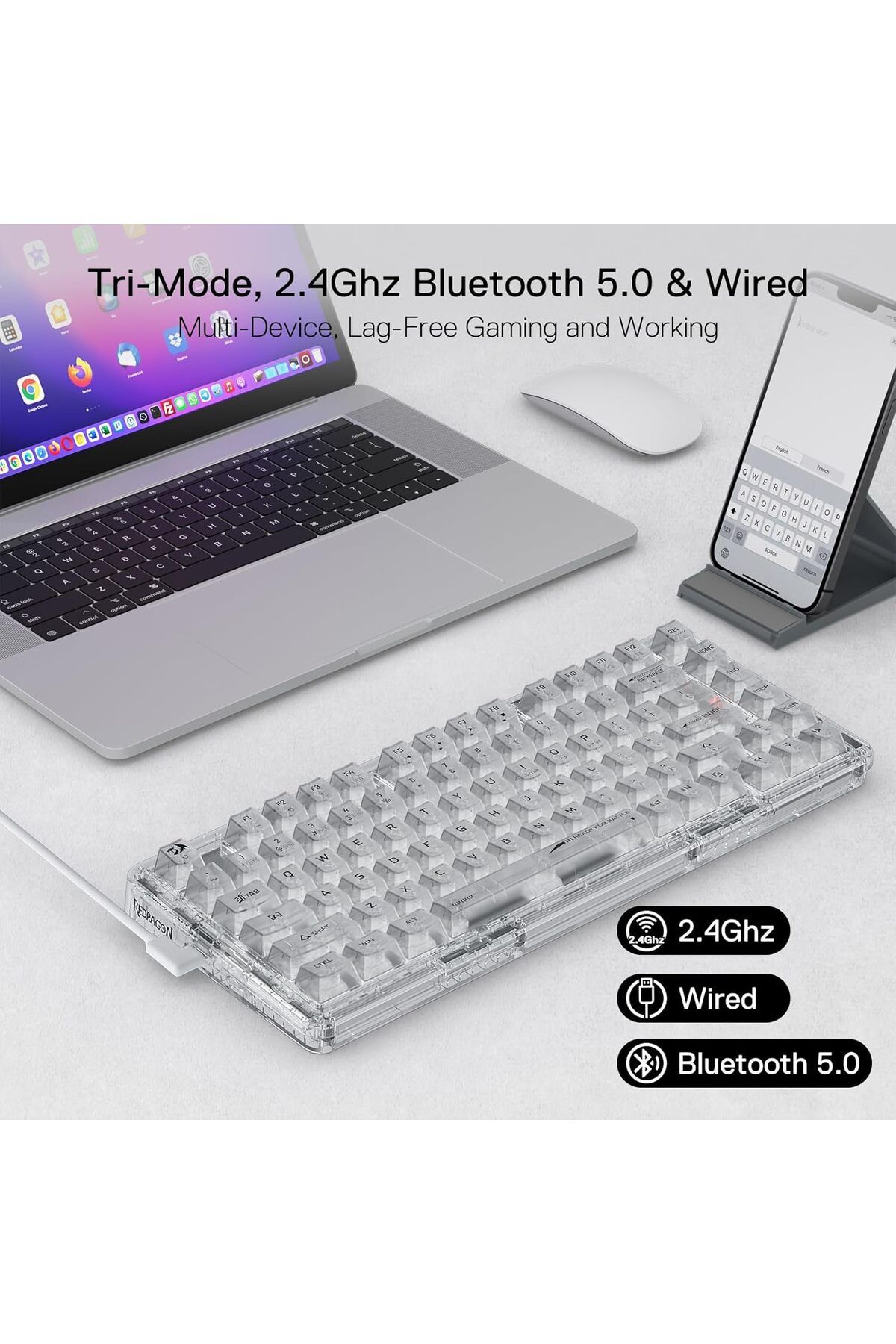 REDRAGON-K649 PRO 78% Wireless Gasket RGB Gaming Keyboard, 3-Modes 82 Keys Full-Transparent Mechanic 9