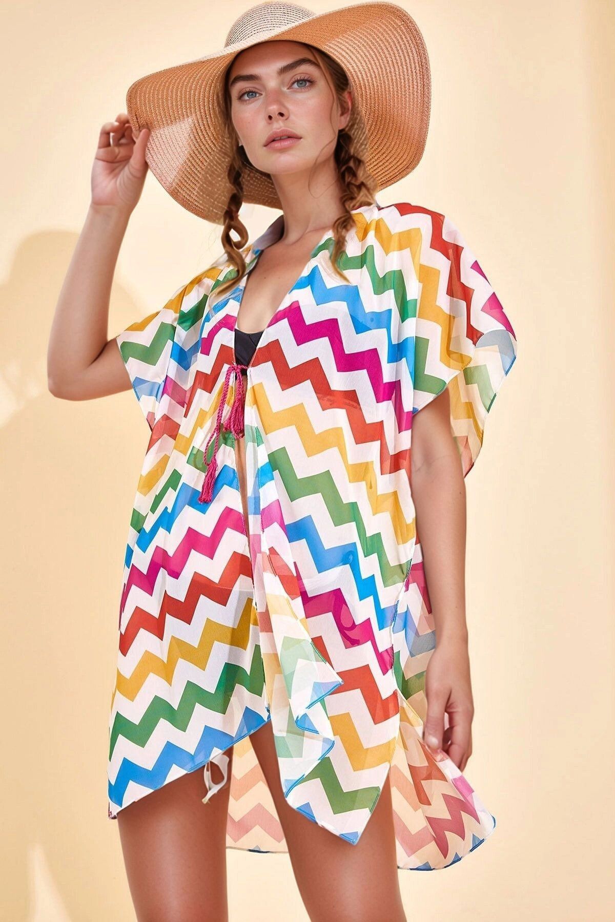 bacc Renkli Zigzag Desenli Pareo Plaj Elbisesi BCNSV-2517020