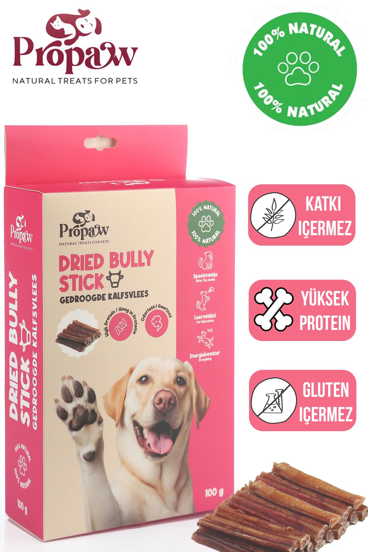 propaw Kurutulmuş Dana Kamış Çiğnemelik Köpek Ödül Maması %100 Doğal Tüm Irklar İçin Yüksek Protein 100 g