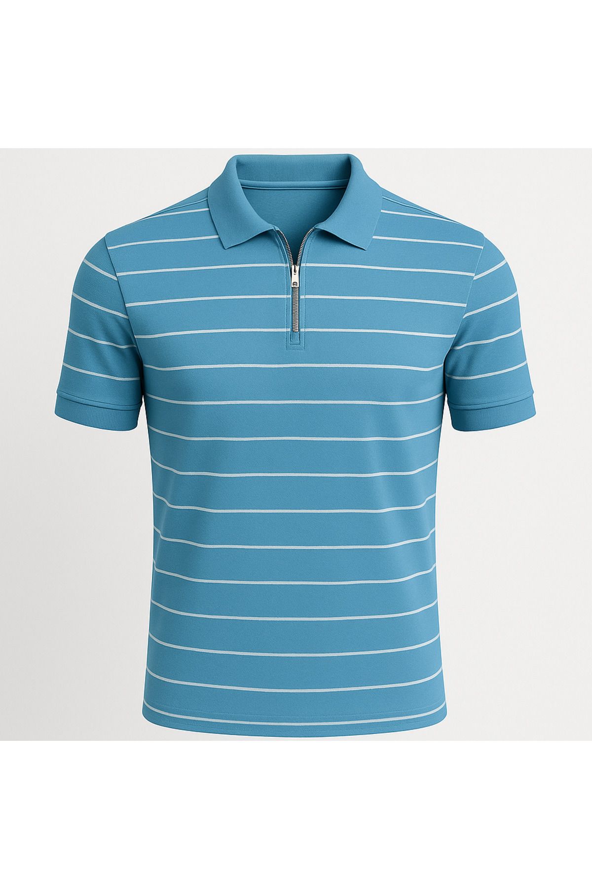 LC Waikiki Polo Yaka Yarım Fermuar Yatay Çizgi Desenli Triko Erkek T-Shirt