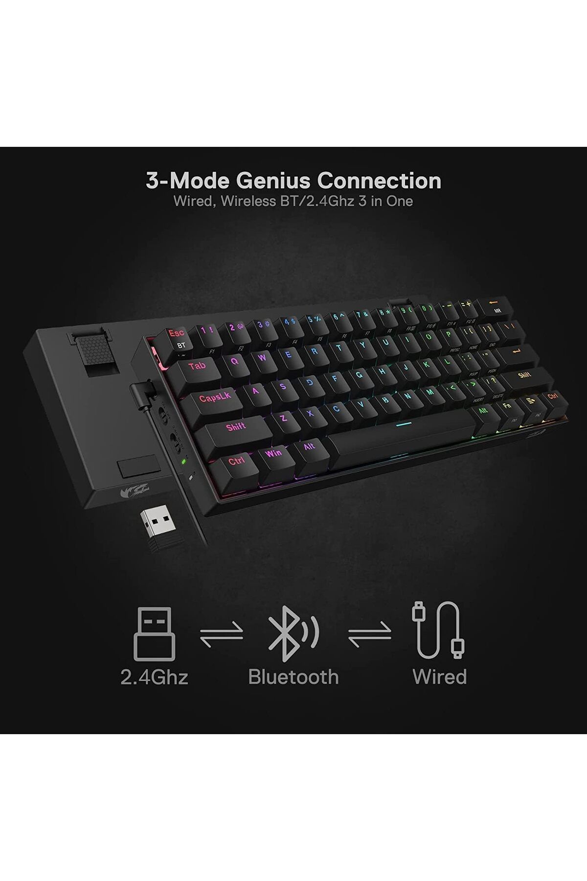 REDRAGON-Compact RGB Mechanical Gaming Keyboard, Wireless Bluetooth 2.4GHz Wired, 3 Modes, 61 Keys with Hot-S 2