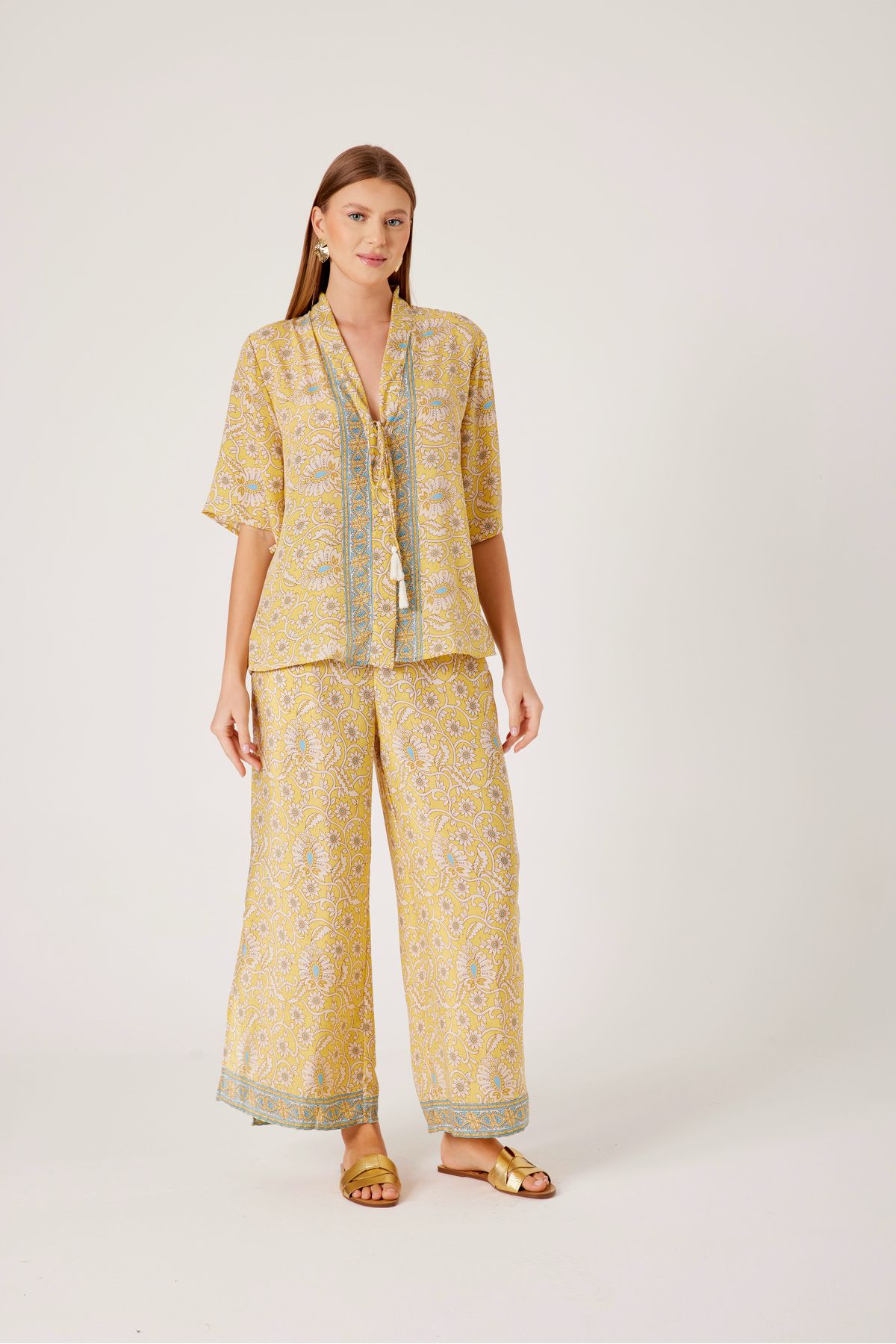 T'u Collection Yazlık Hint İpeği Pantalon Gömlek 2'li Takım