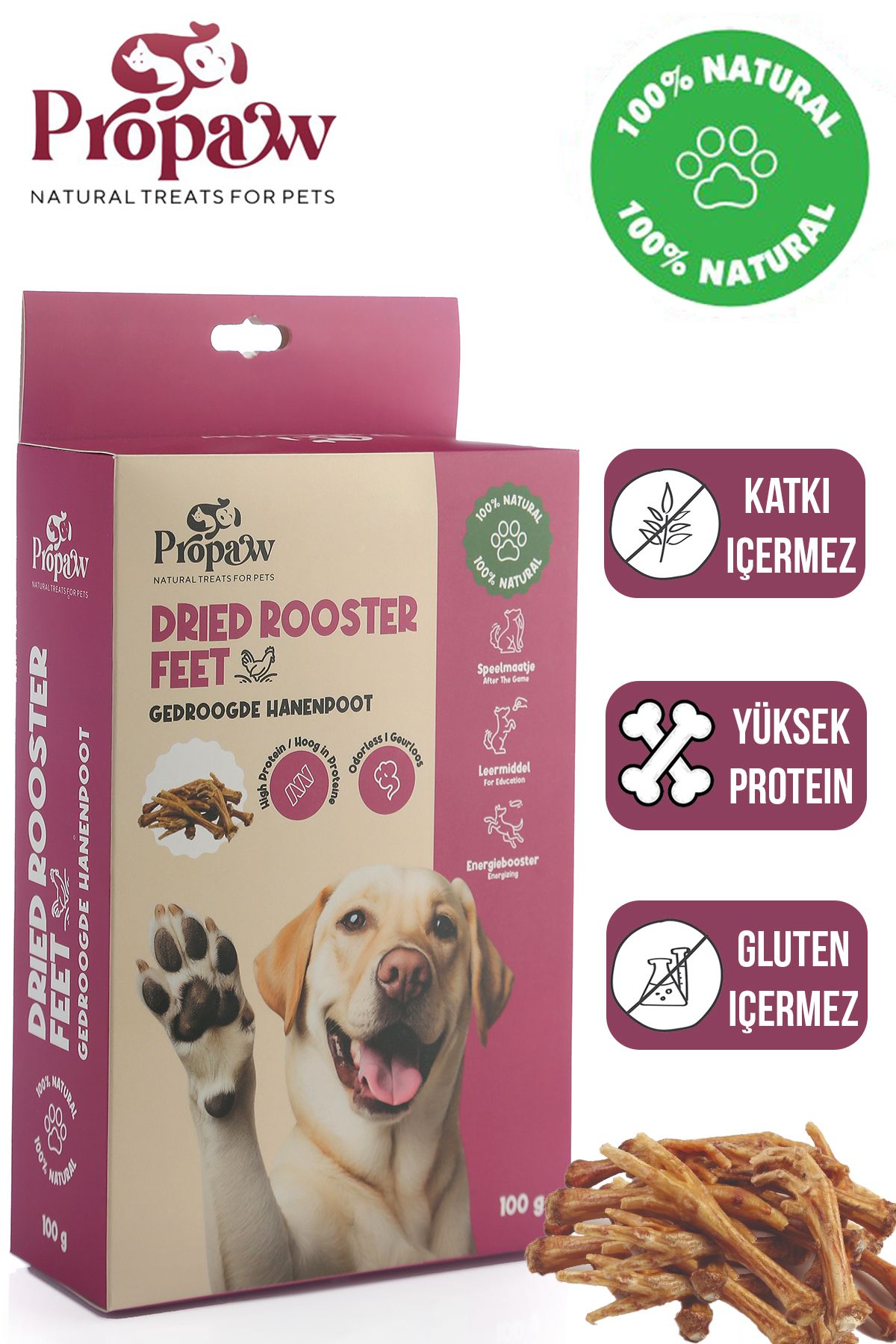 propaw Kurutulmuş Horoz Ayak Köpek Ödül Maması Çiğnemelik %100 Doğal Tüm Irklar İçin Yüksek Protein 100 g