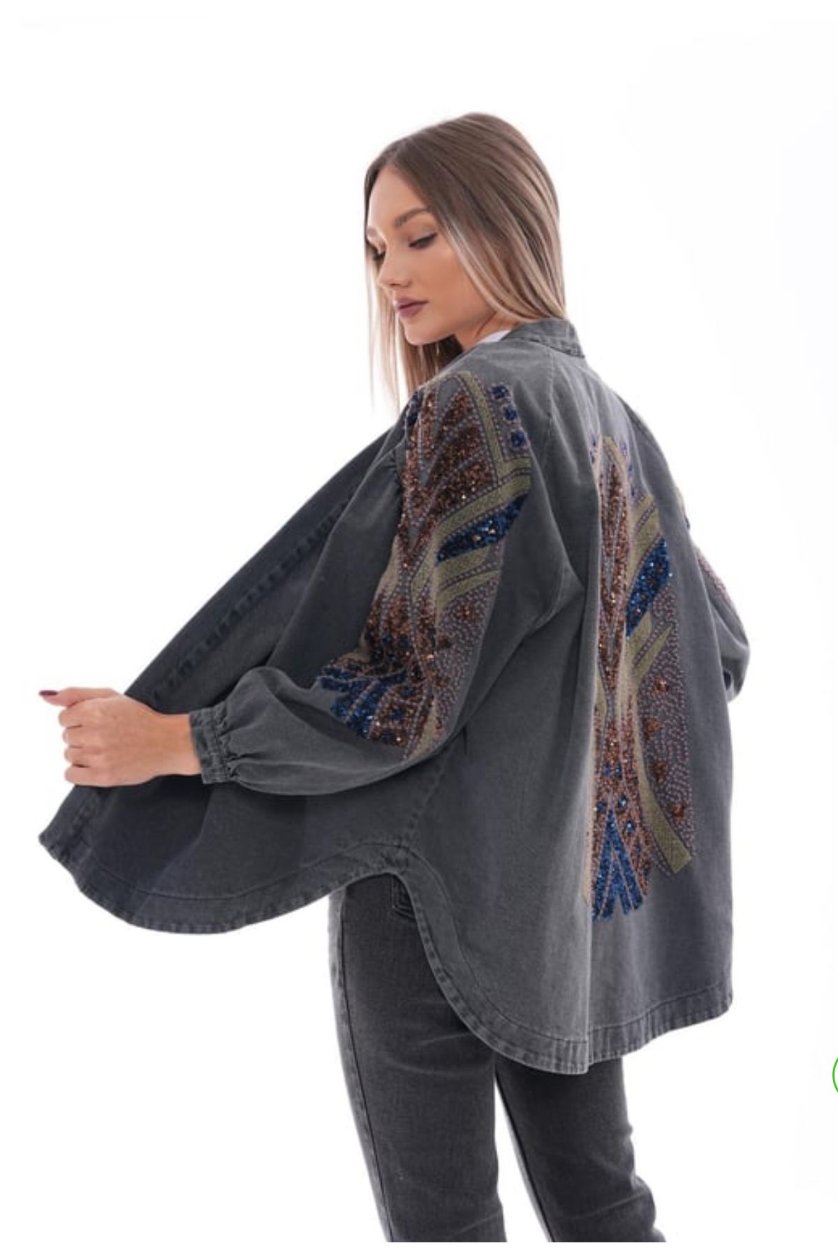 Dadali Nakışlı Denim Kimono