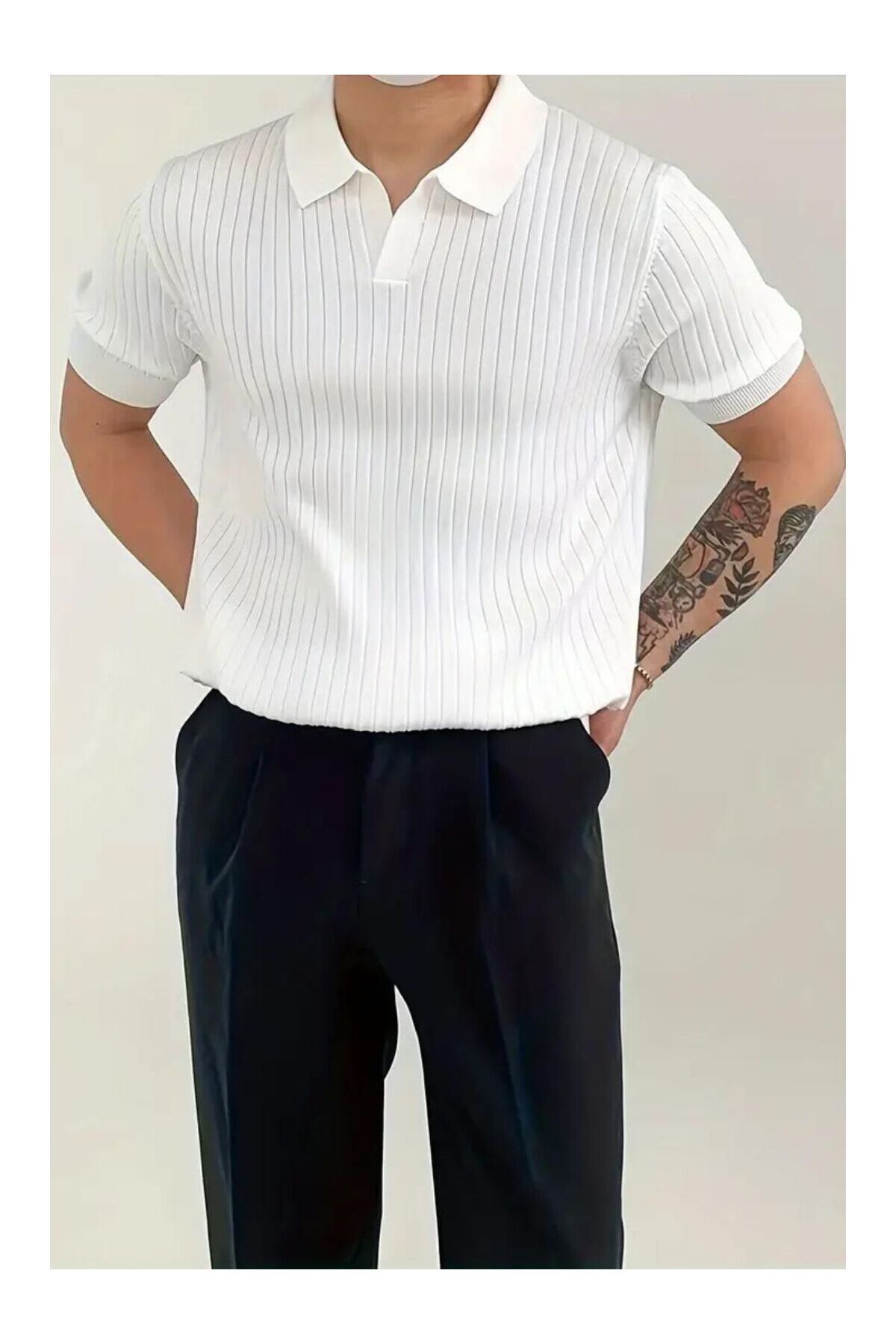 Ast giyim Yeni Sezon Erkek Kısa Kollu Yakalı Çizgi Desenli Triko T-Shirt