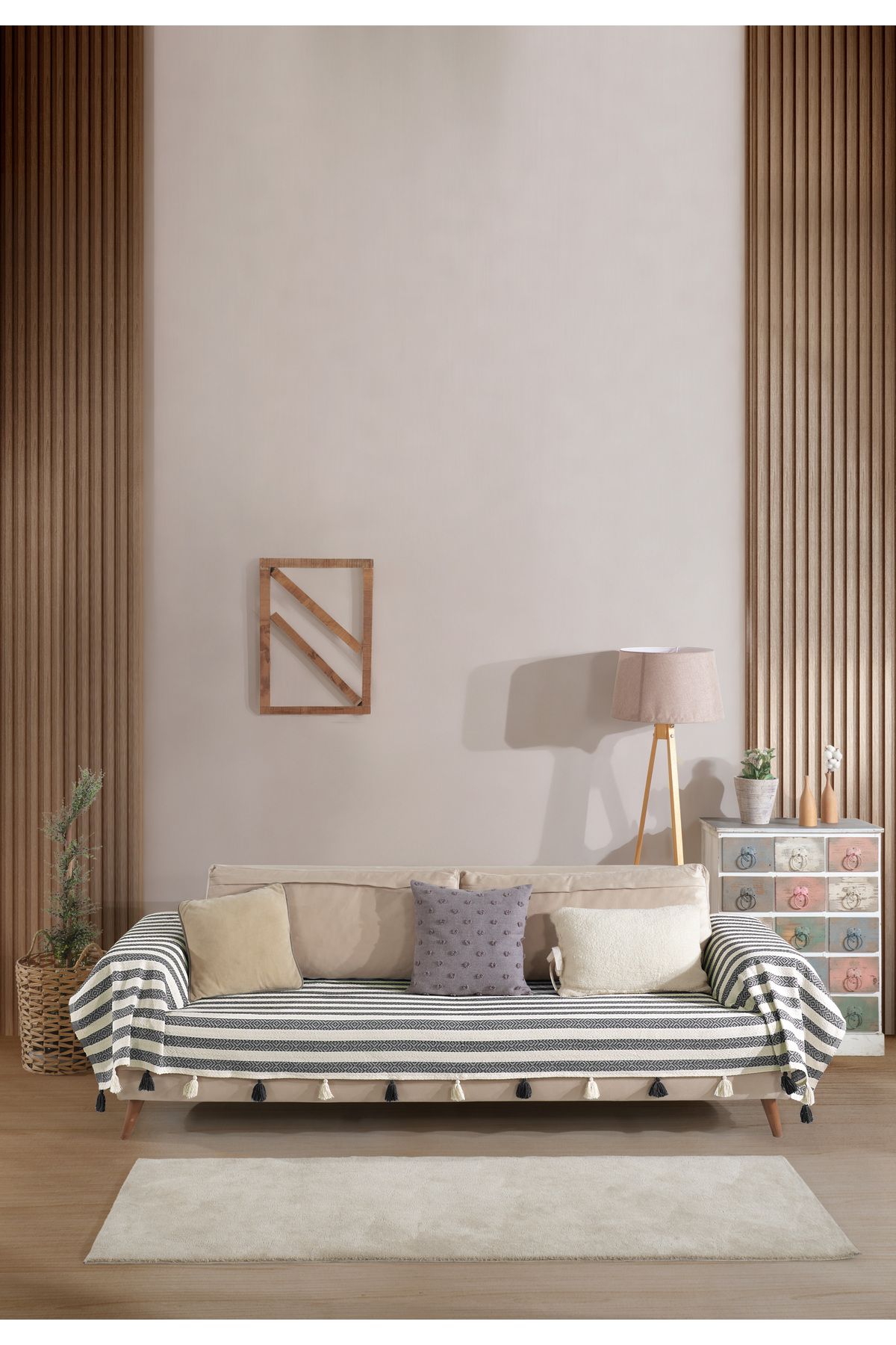 Lux Touch Pera Antrasit Püsküllü Kolları Örten Koltuk Örtüsü 300x110 cm 3m Battal Boy Ponponlu Kanepe Çekyat