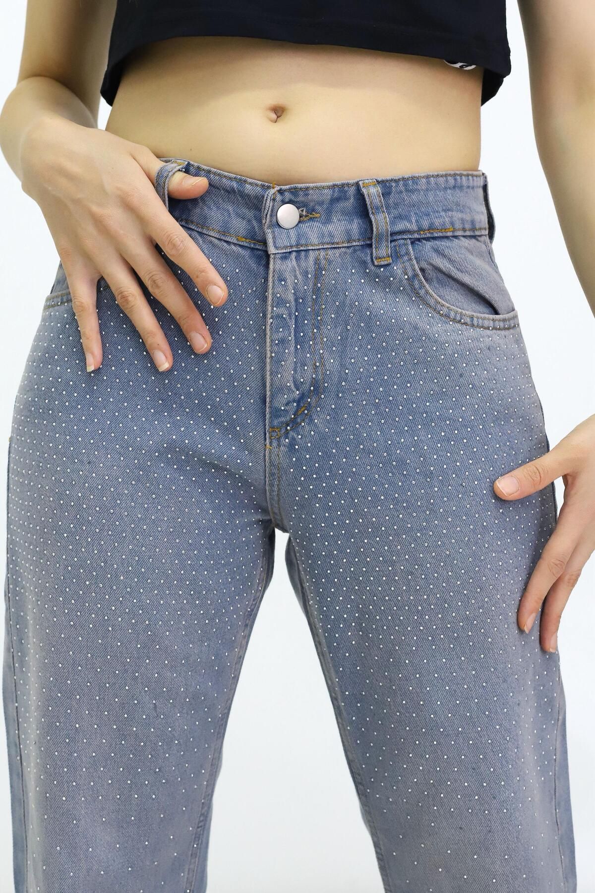 GZT TEKSTİL Kadın Taşlı Yüksek Bel Bol Paça Jean Pantolon