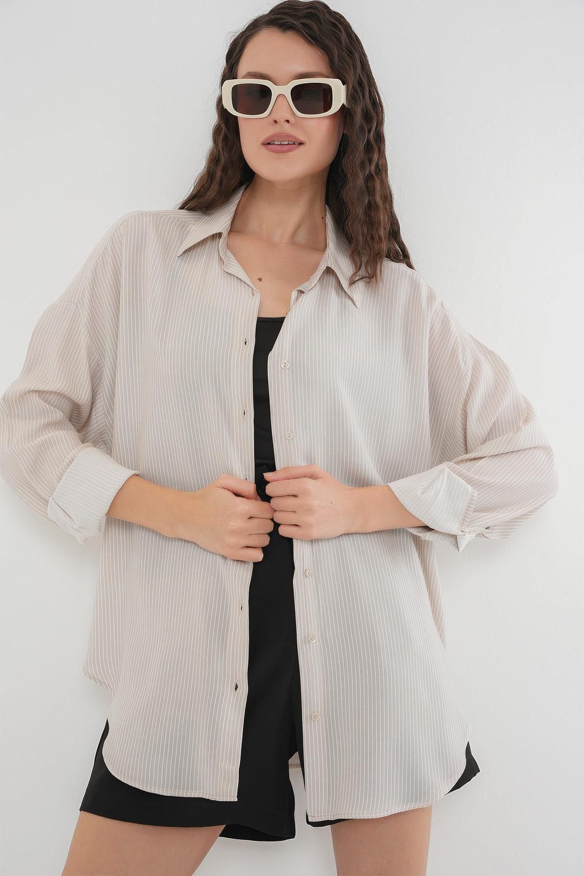 MODAMAİSA Kadın Çizgili Oversize Gömlek - Krem