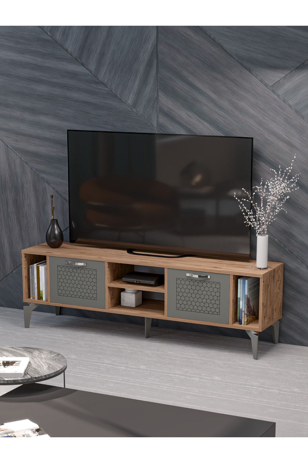 GOLDFALEZ Tv Sehpası Tv Ünitesi Atlantik Çam Antrasit Gümüş 160 Cm Linya 5041