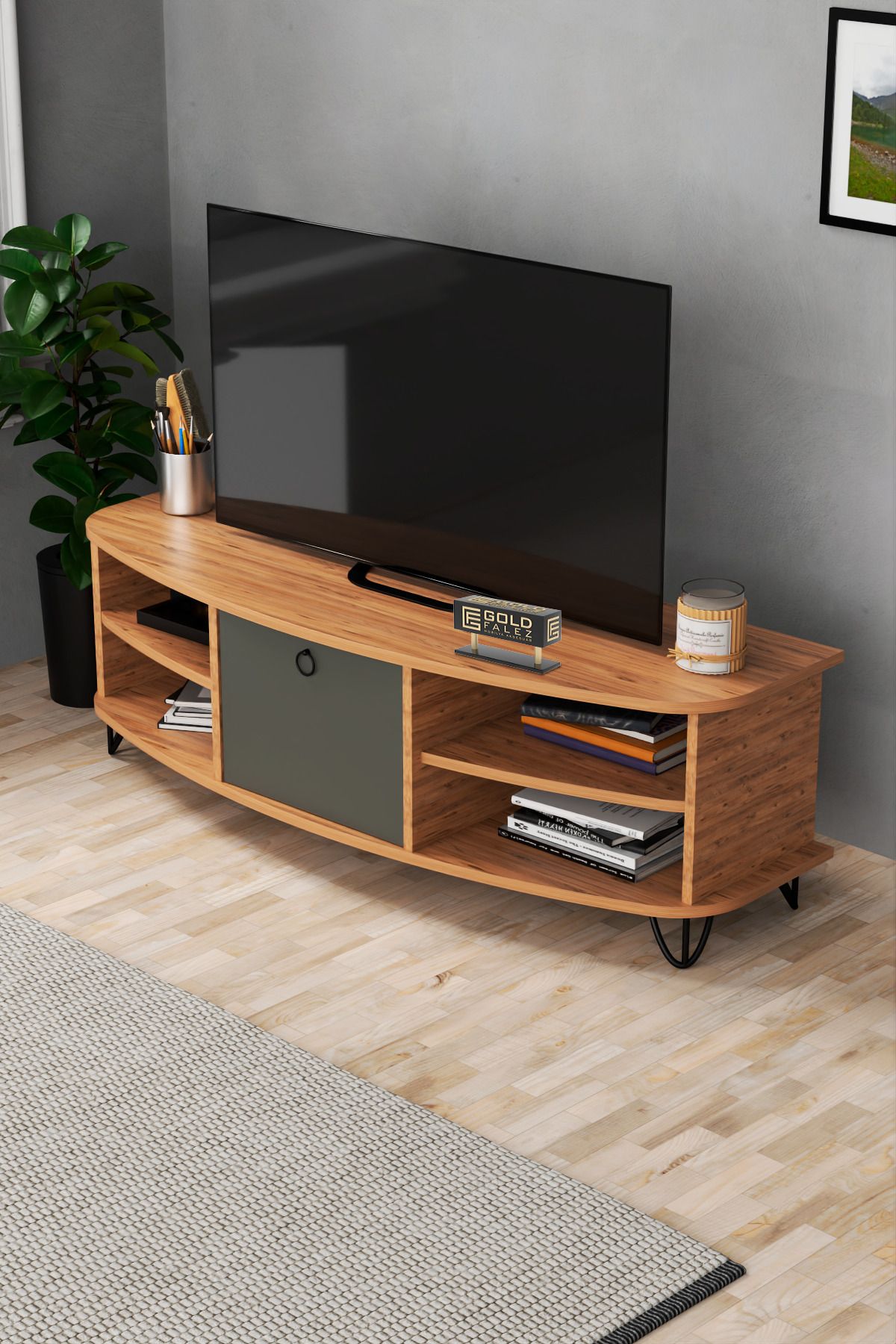 GOLDFALEZ Tv Sehpası Tv Ünitesi 136 Cm Atlantik Çam Antrasit Vienna 5007