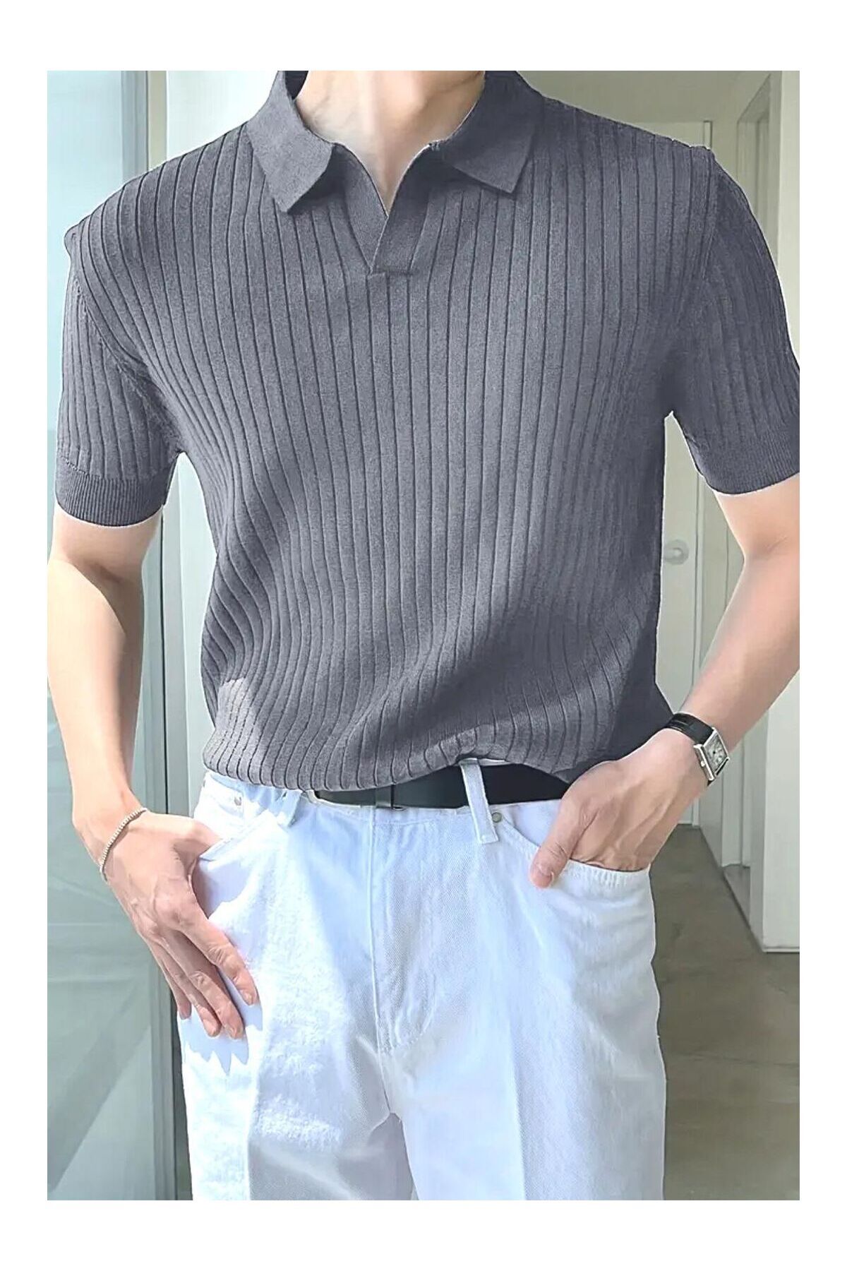 Ast giyim Yeni Sezon Erkek Kısa Kollu Yakalı Çizgi Desenli Triko T-Shirt