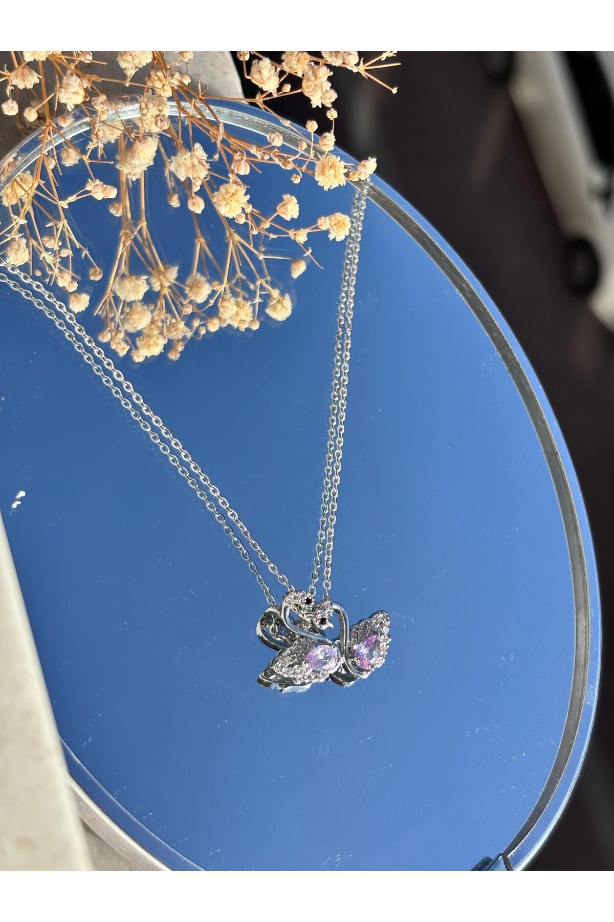 Bellamy Jewelry Mor Taşlı Kuğu Kolye - Silver