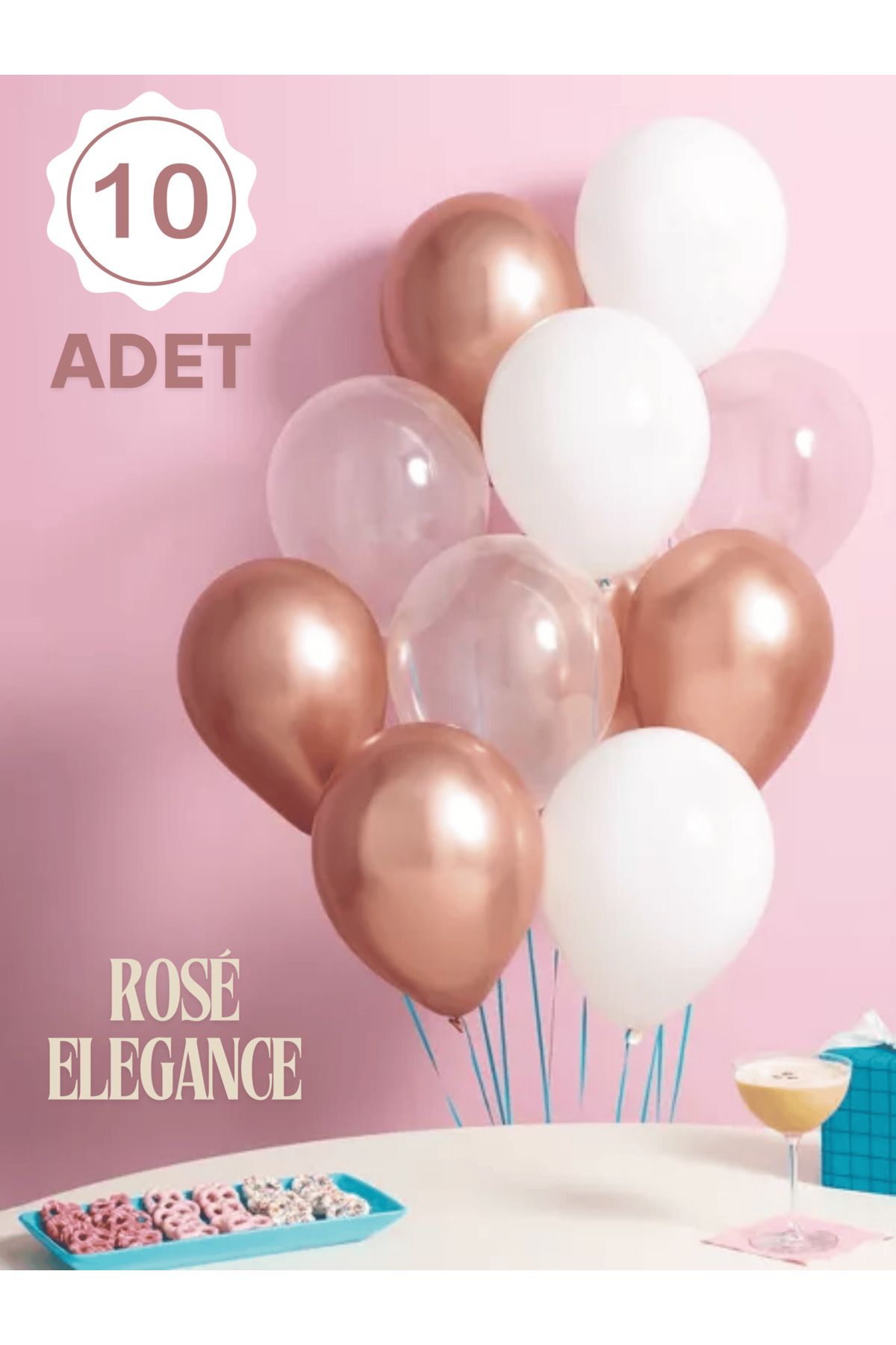 Mielibon 10'lu Rosé Elegance Balon Seti – 4 Krom Rose Gold + 3 Pastel Beyaz + 3 Şeffaf Balon