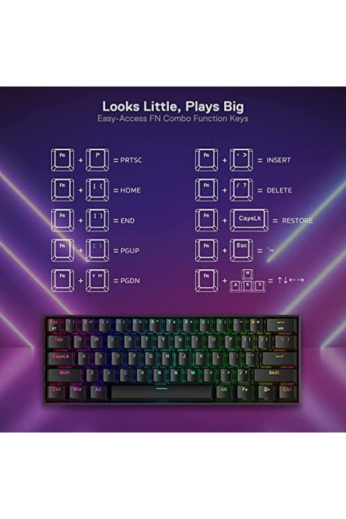 REDRAGON-Compact RGB Mechanical Gaming Keyboard, Wireless Bluetooth 2.4GHz Wired, 3 Modes, 61 Keys with Hot-S 9