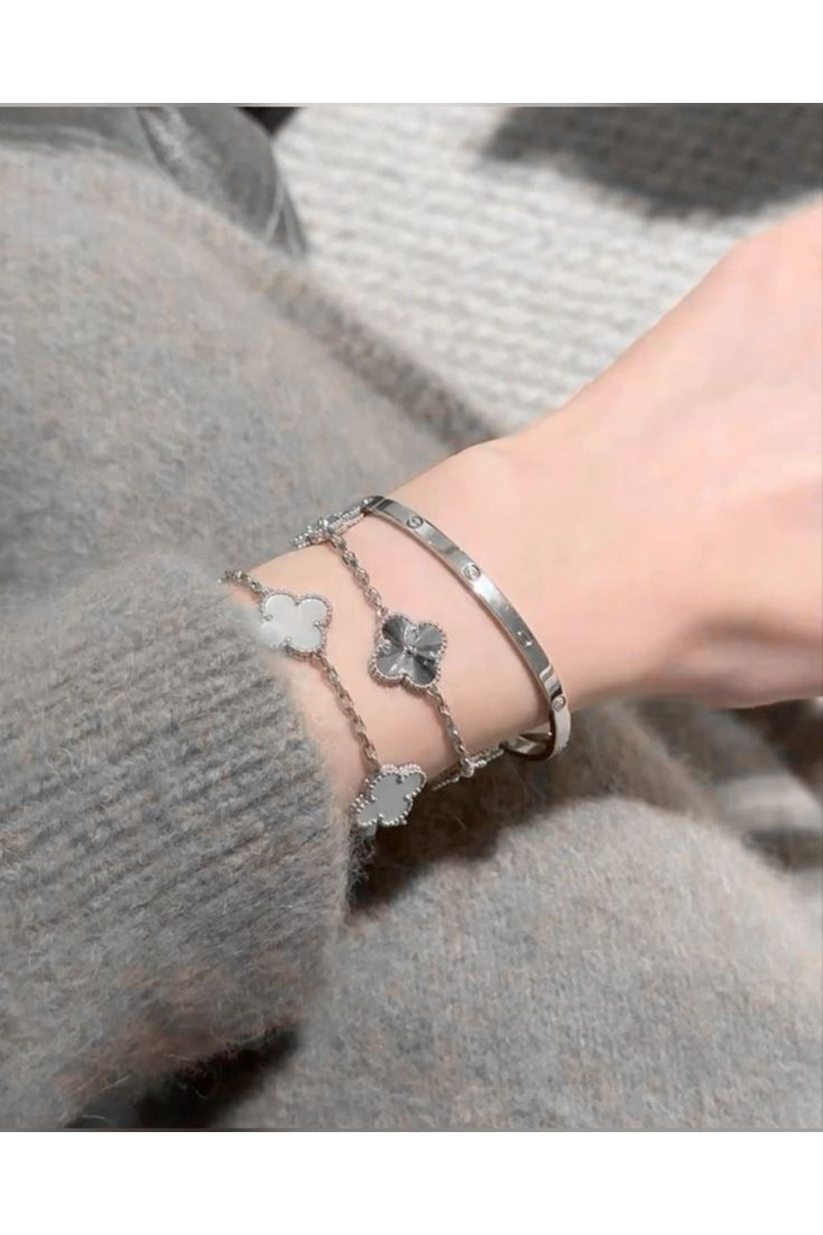 ANGELSS JEWELLERY Üçlü Kombin Van Cleeff Gümüş & Beyaz Bileklik Marka Model Kelepçe Bileklik (Yonca Model Bileklik)