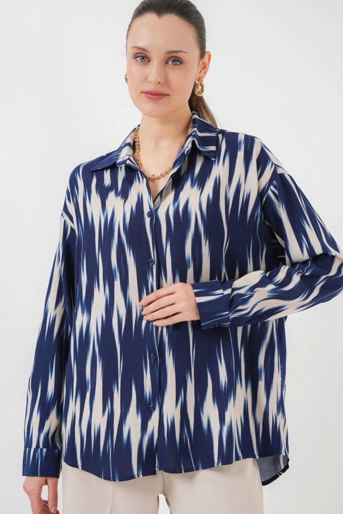 MODA Desenli Oversize Gömlek 20301 Lacivert