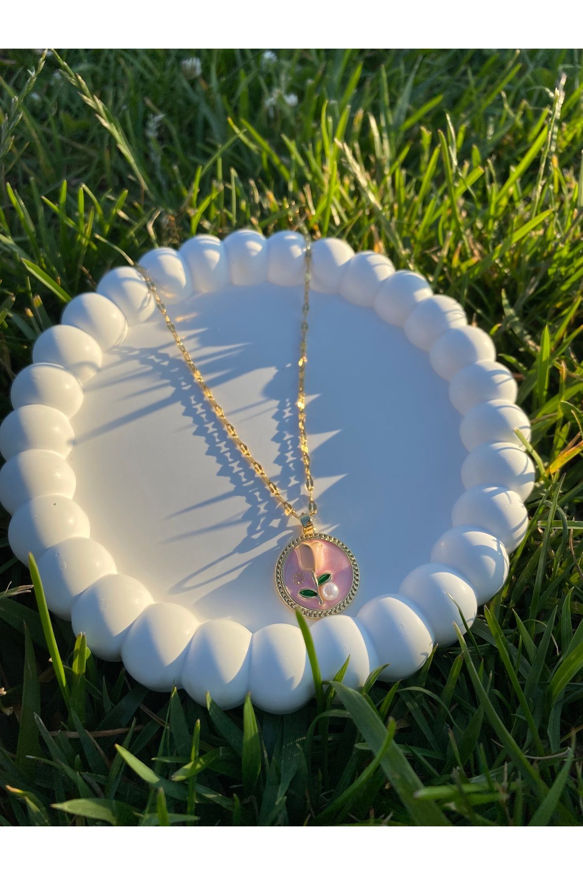 asem jewelry VİNTAGE PEMBE GÜL VE İNCİ DETAYLI ÇELİK KOLYE