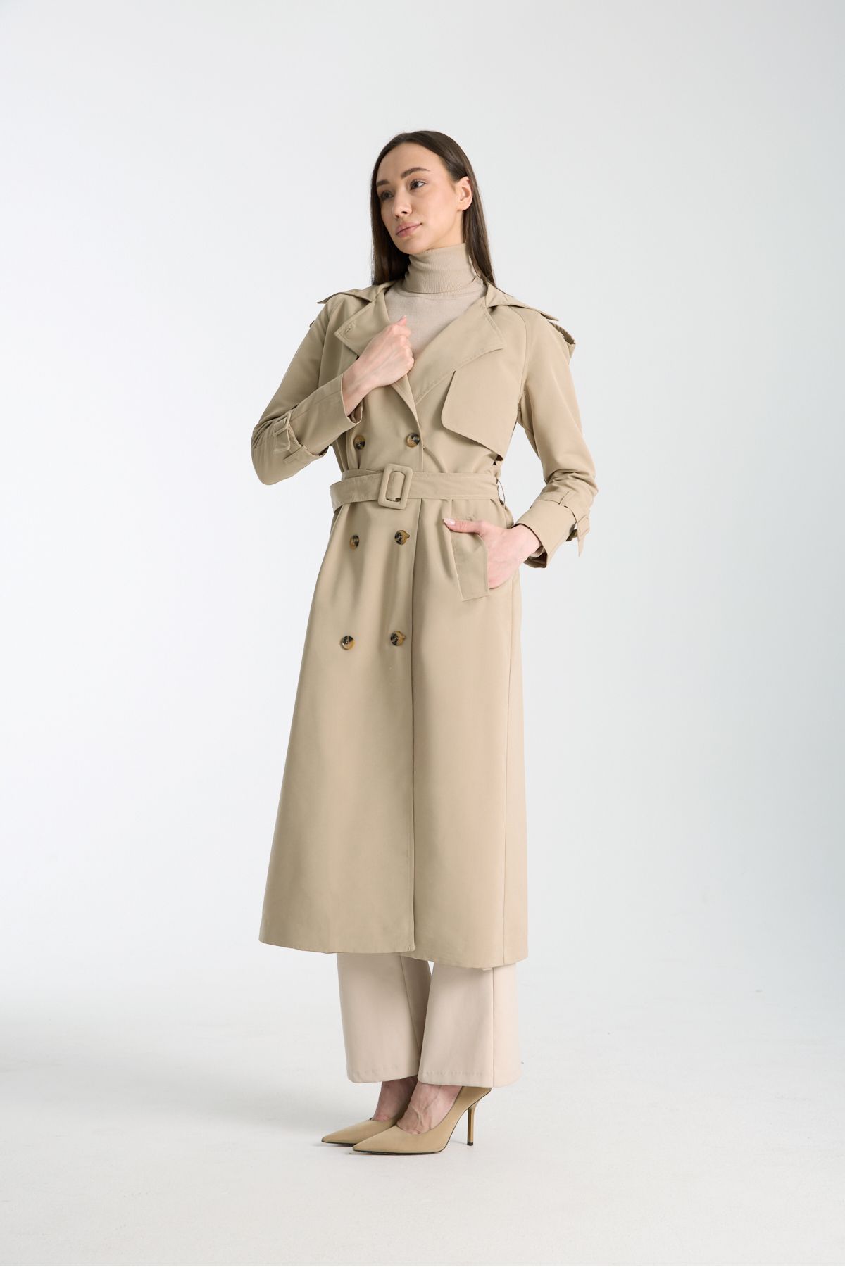 Soydan Güner-Mink 5789 - Mid-Length Trench Coat with Water Repellent Features and Raglan Sleeves 3