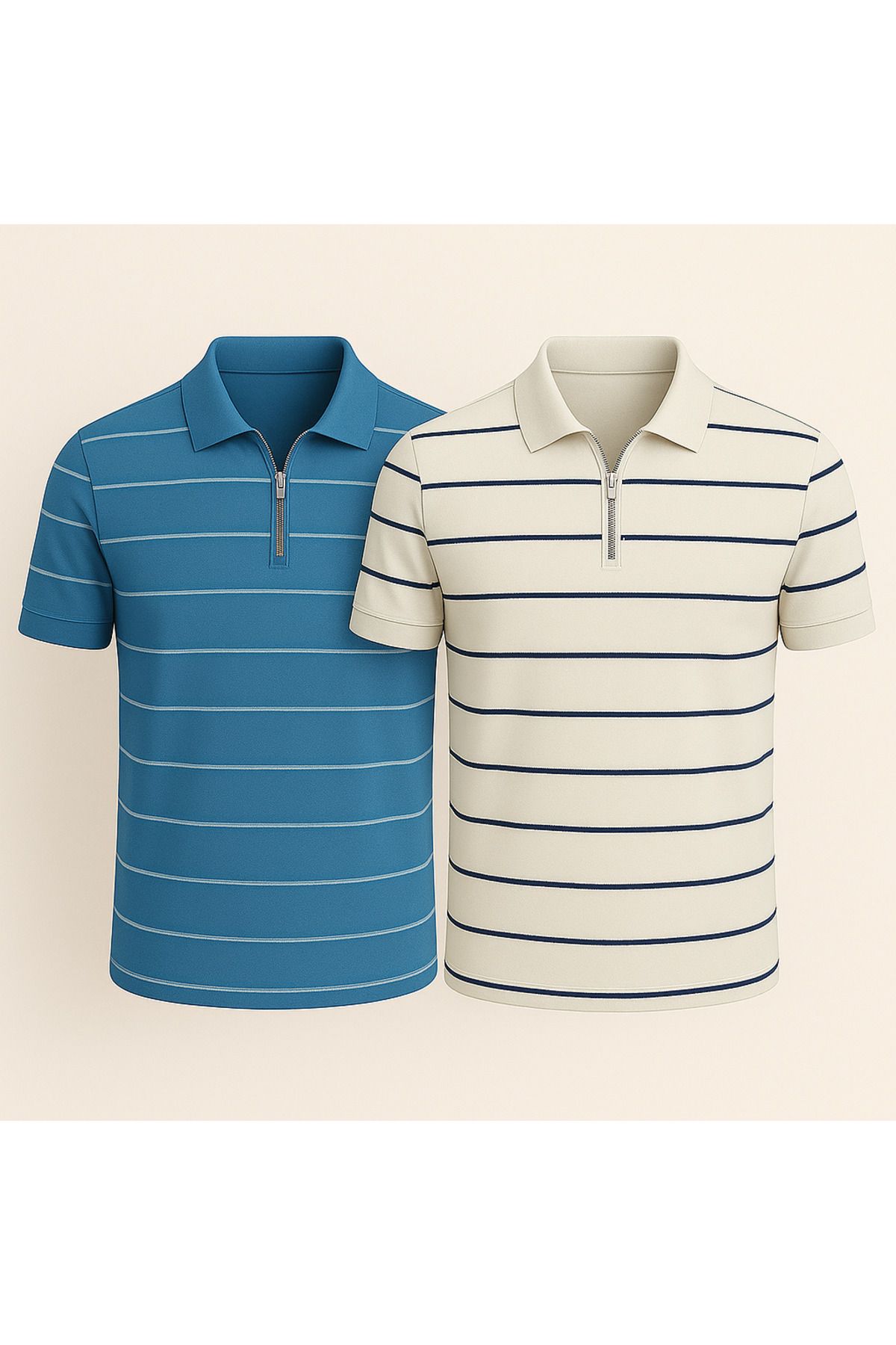 LC Waikiki Polo Yaka Yarım Fermuar Yatay Çizgi Desenli Triko Erkek T-Shirt 2'li Paket
