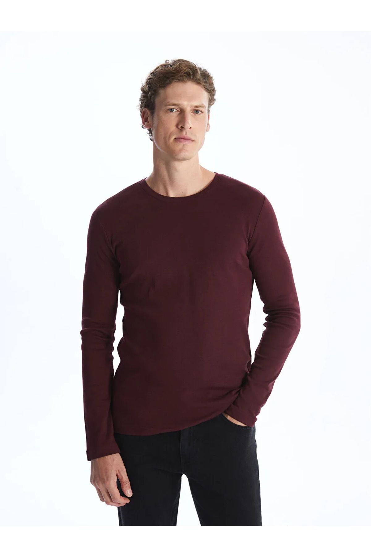LC Waikiki LCWAIKIKI Classic Bordo Bisiklet Yaka Uzun Kollu Penye Erkek Tişört