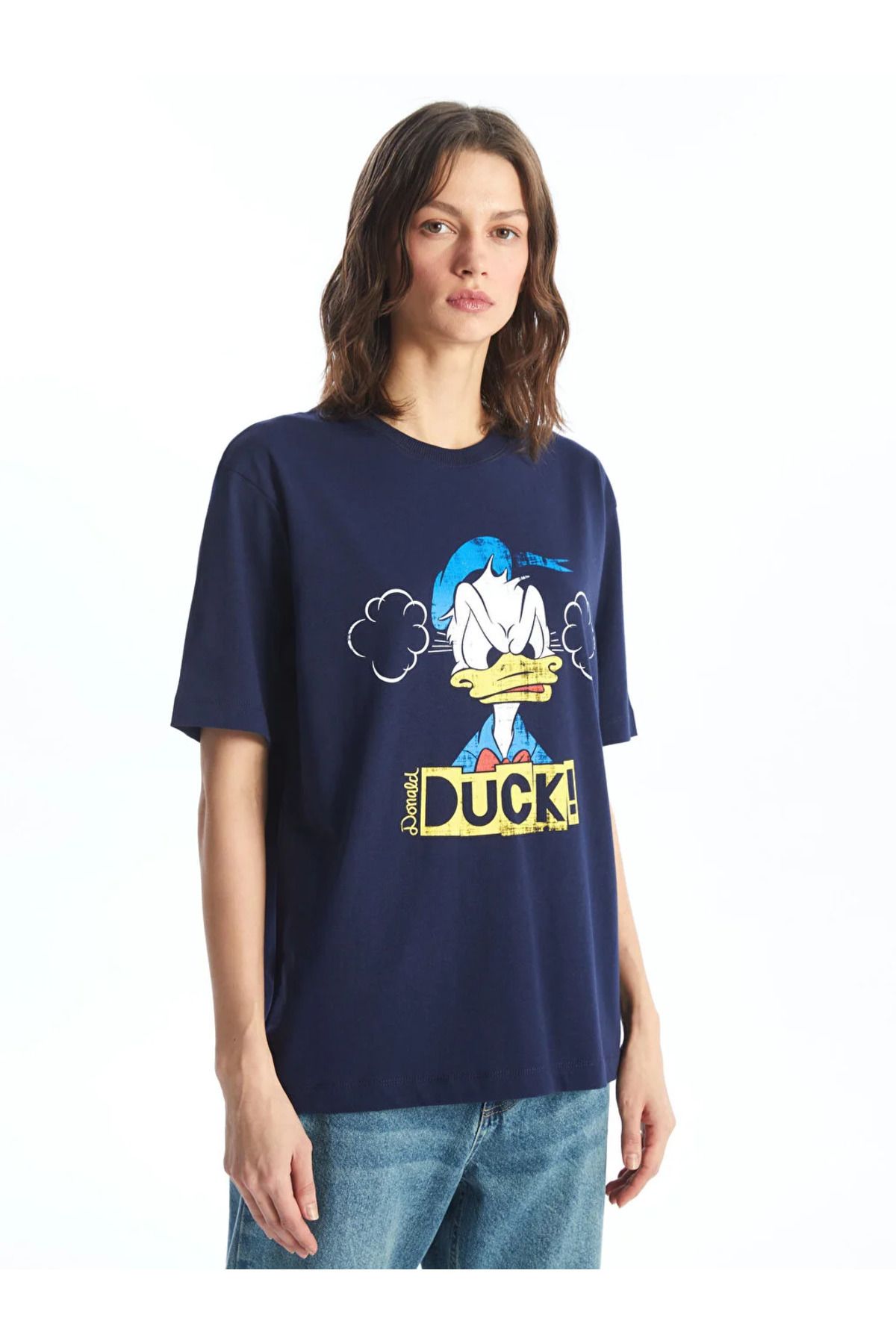LC Waikiki LCW Vision Bisiklet Yaka Donald Duck Baskılı Kısa Kollu Oversize Kadın Tişört Tişört