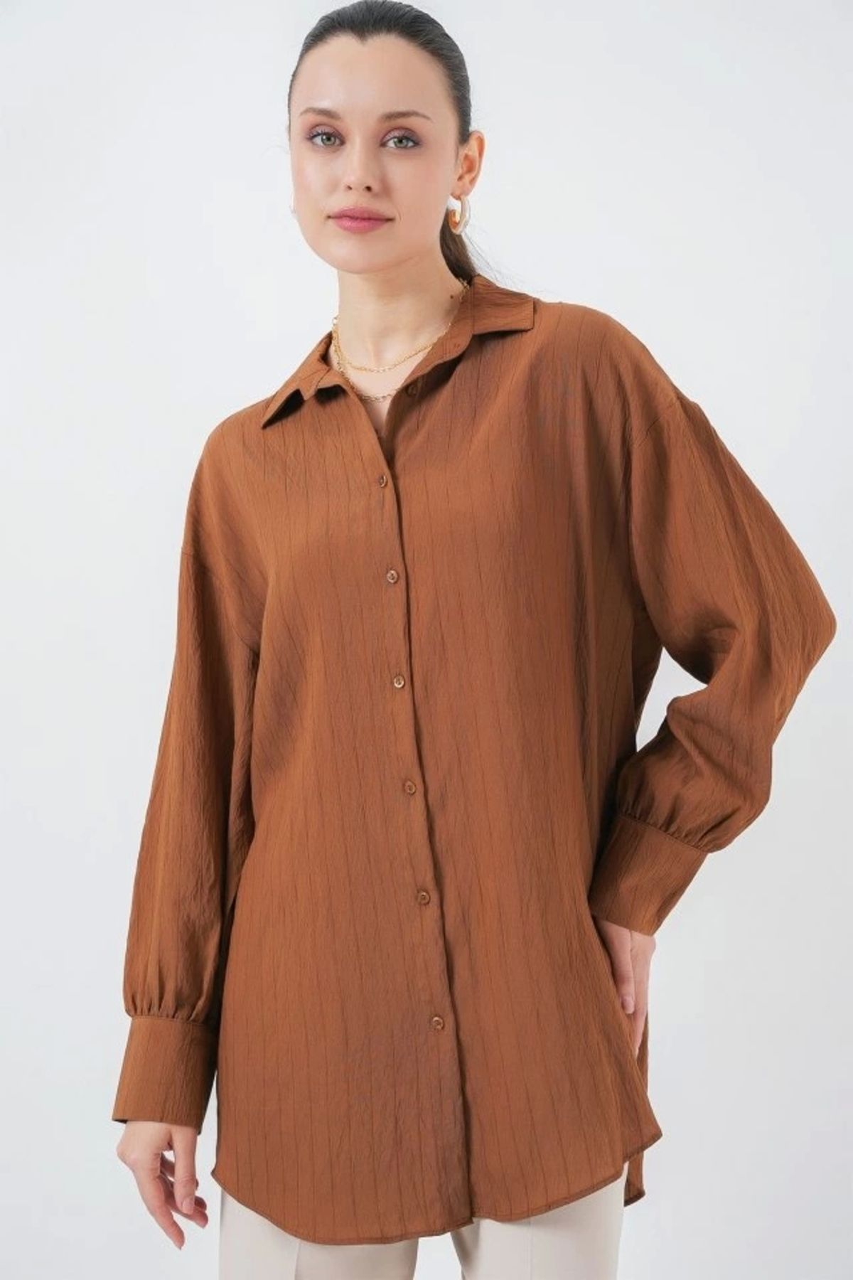 MODA Çizgili Uzun Gömlek Tunik 5963 Kahverengi