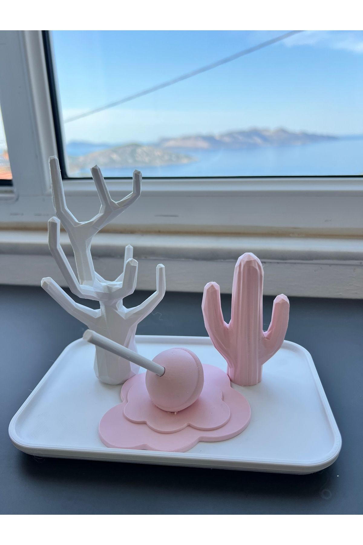 3BStudio Takı Standı Yüzük Küpe Kolye Askılığı Mücevher Organizer Askılık Kaktüs Lolipop set Pembe Beyaz