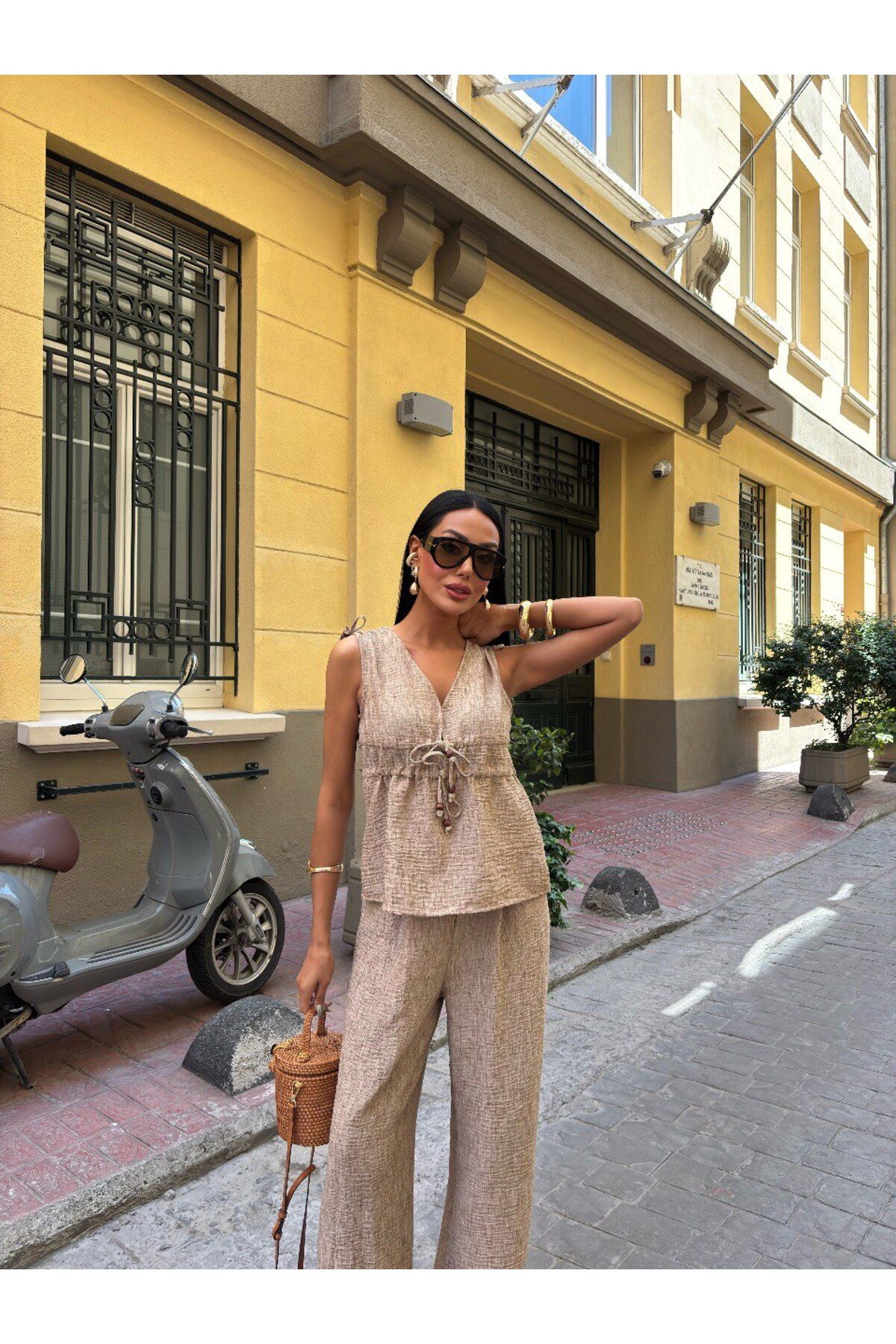 ELİFLEMODA Bej Alt üst yelek takım