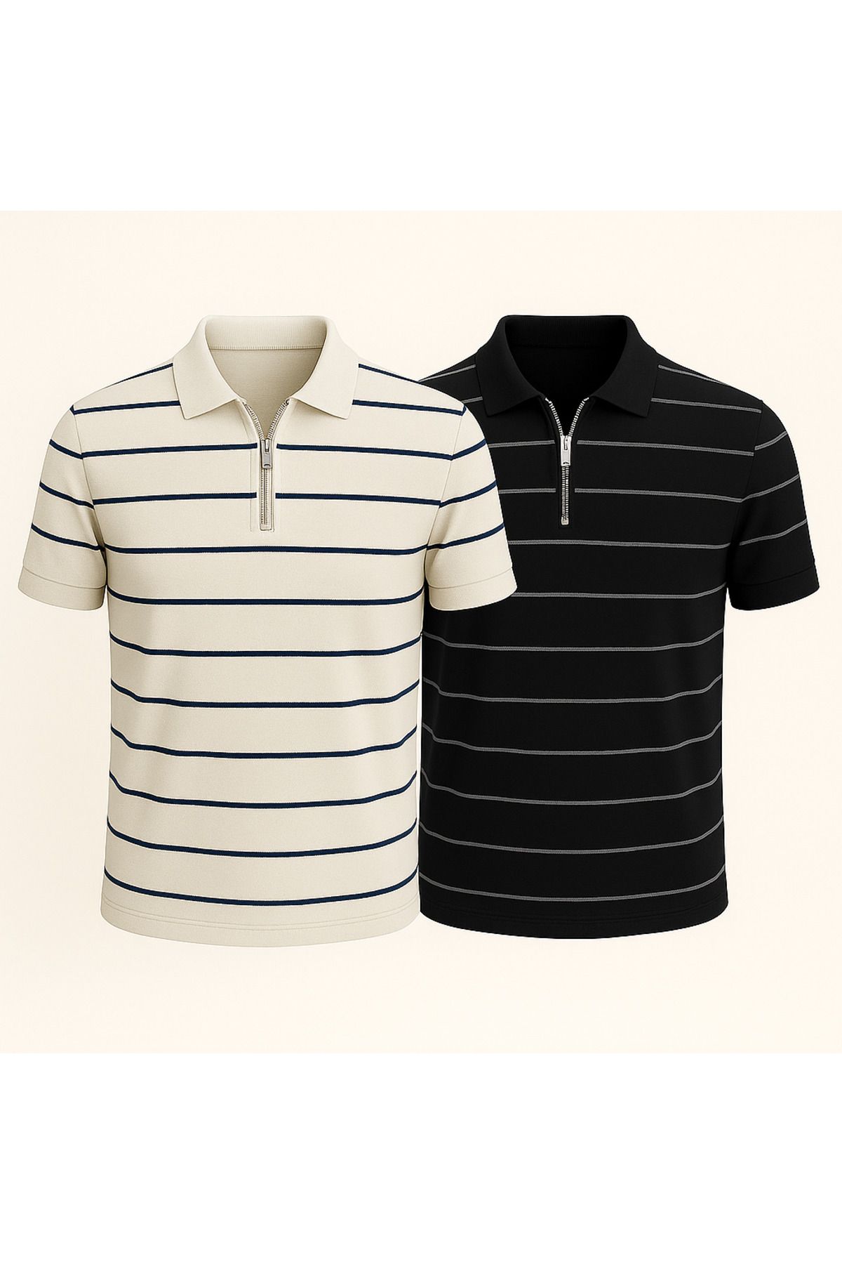 LC Waikiki Polo Yaka Yarım Fermuar Yatay Çizgi Desenli Triko Erkek T-Shirt 2'li Paket