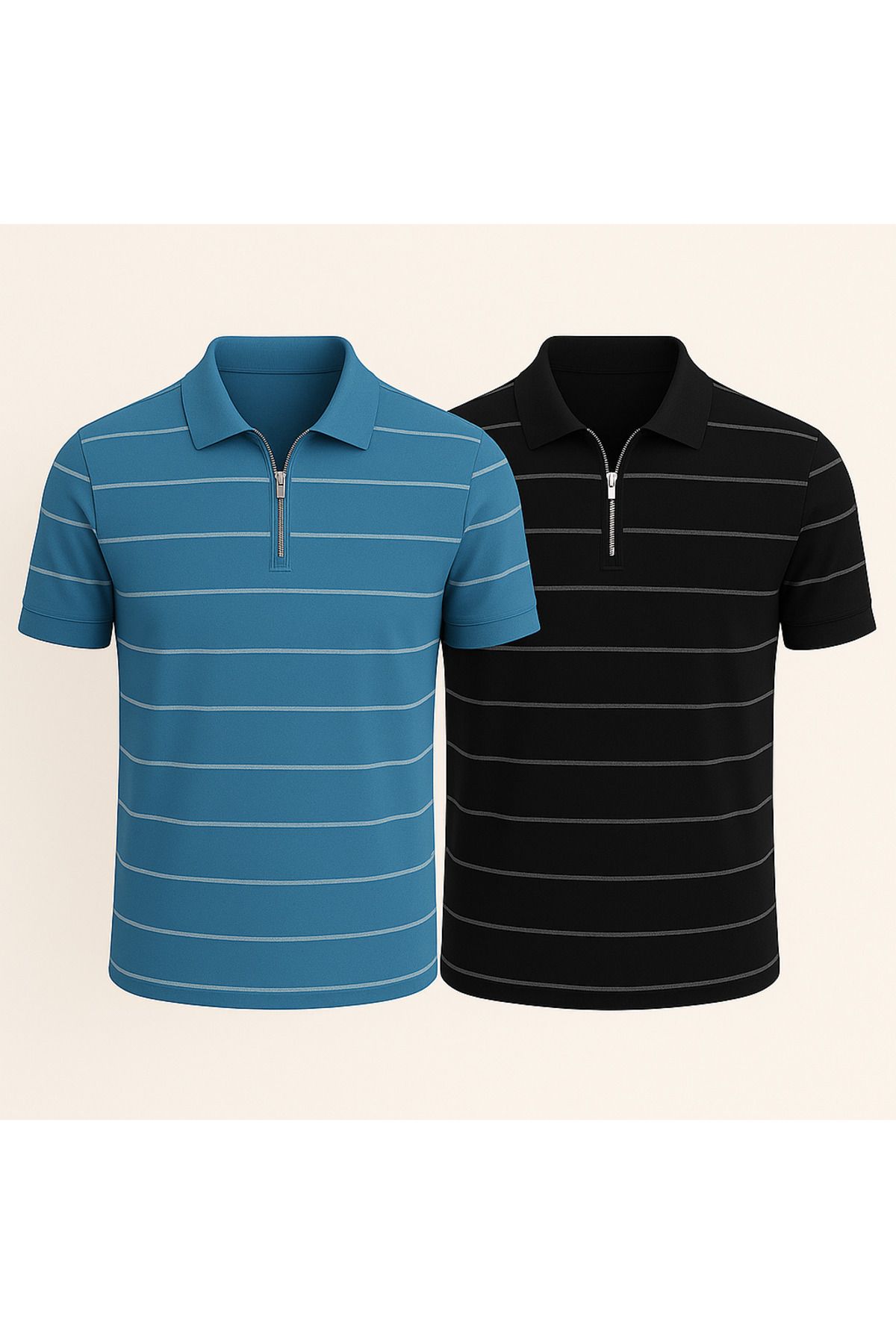LC Waikiki Polo Yaka Yarım Fermuar Yatay Çizgi Desenli Triko Erkek T-Shirt 2'li Paket