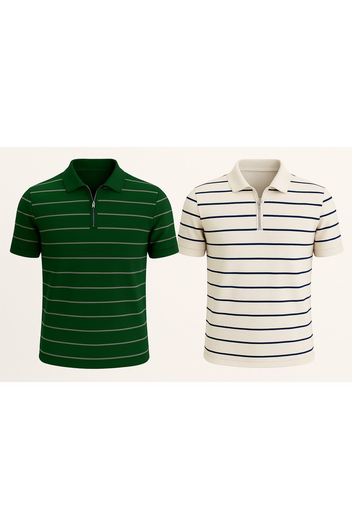 LC Waikiki Polo Yaka Yarım Fermuar Yatay Çizgi Desenli Triko Erkek T-Shirt 2'li Paket