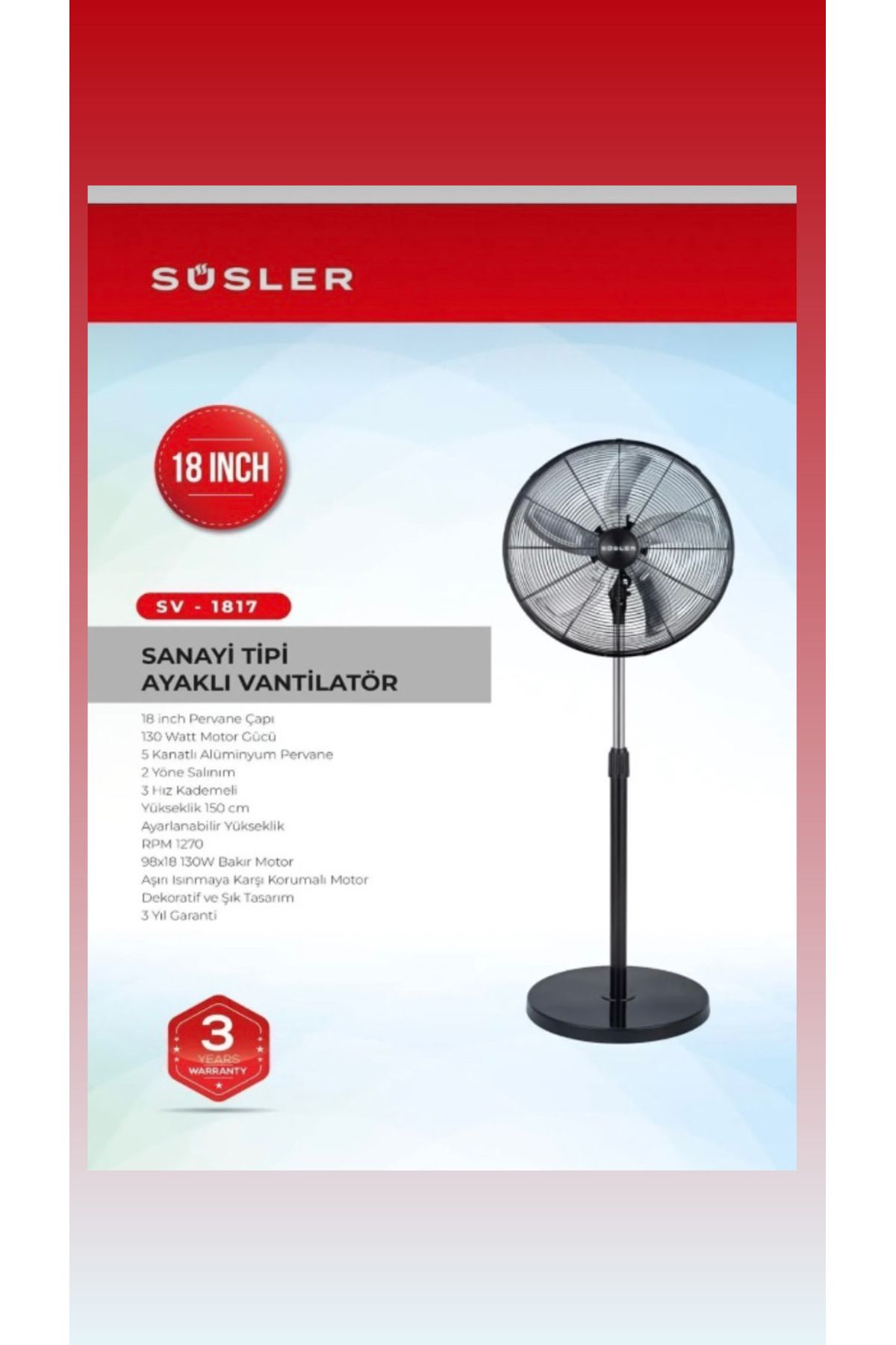 Süsler SÜSLER SV - 1817 Sanayi Tipi Ayaklı Vantilatör - Siyah
