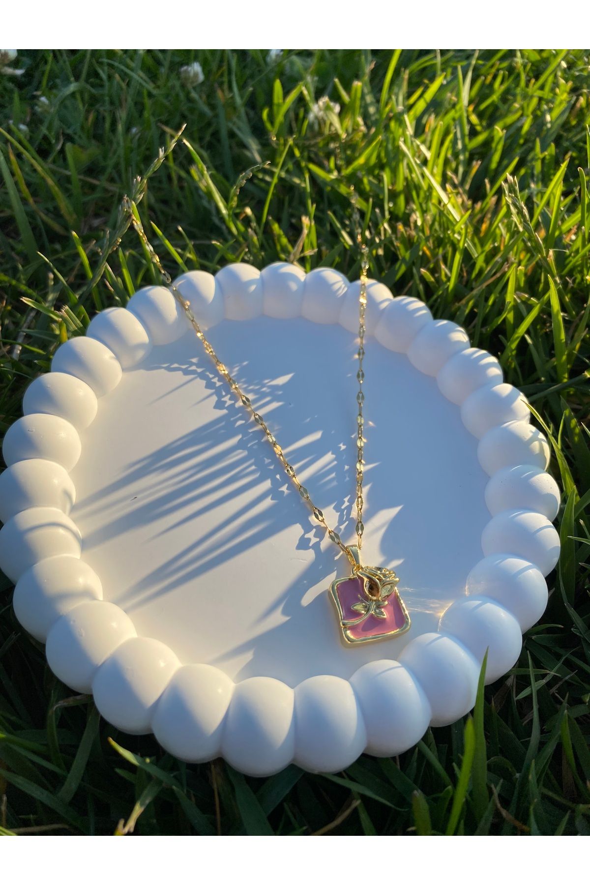 asem jewelry KARE VİNTAGE GÜL DETAYLI ÇELİK KOLYE