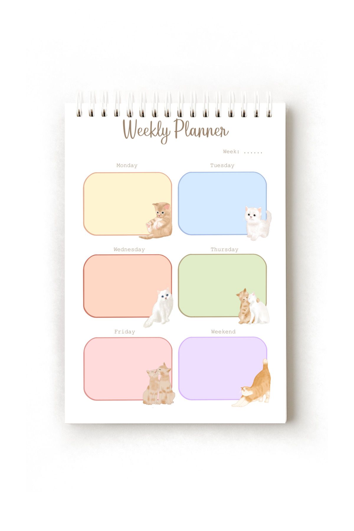 Handeto Kraft Kedi Temalı İngilizce Haftalık Planlayıcı, Weekly Planner, A5 Planner, Spiralli Planner, Telli