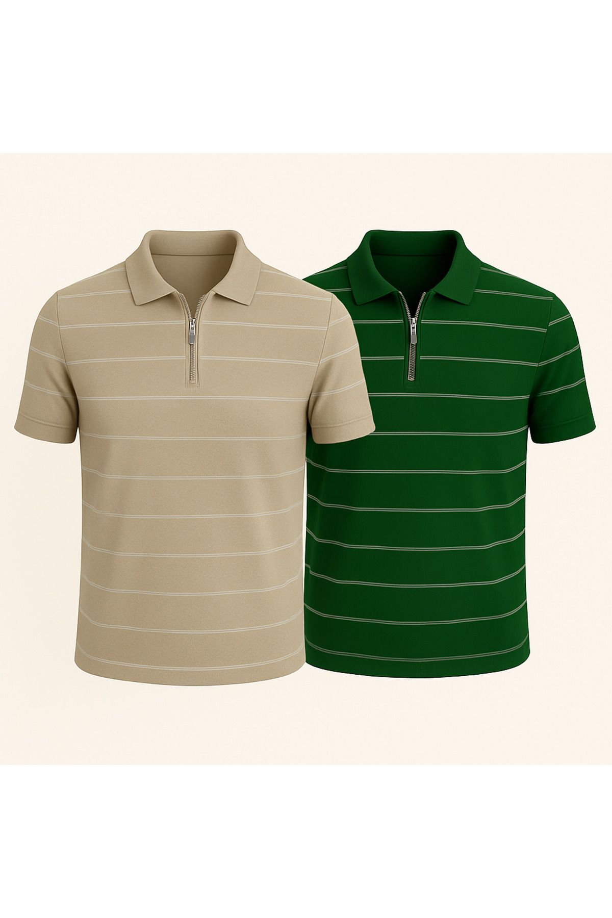 LC Waikiki Polo Yaka Yarım Fermuar Yatay Çizgi Desenli Triko Erkek T-Shirt 2'li Paket