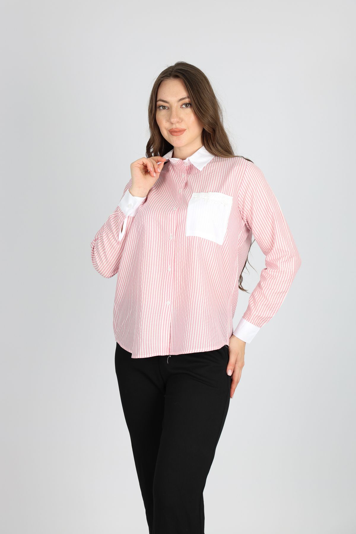 Xtreme Fashion Kadin Çizgili Kalp Nakisli Cepli Gömlek